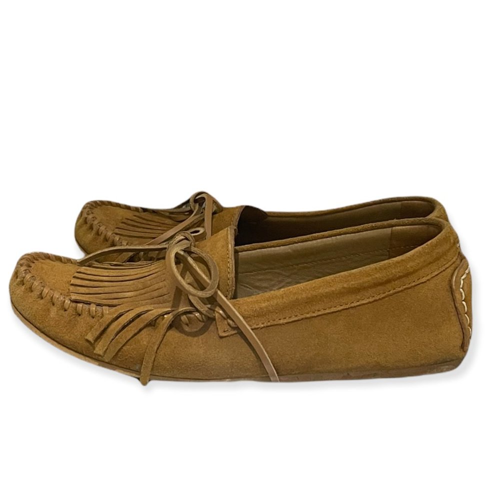 Zara Tan Suede Loafers with Fringe Detail